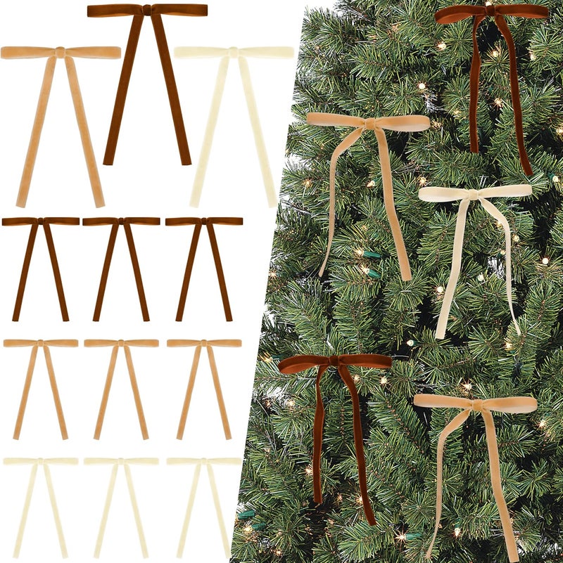 Lavwix 40Pcs Velvet Ribbon Bows, 5x7 Inch Pre-Tied Bows Christmas Ornaments for Xmas Tree, Garland, Wreath, Gift and Holiday Home Décor (5 x 7 Inch, Width of 3/8",Champagne, Khaki, Brown) - Image 1